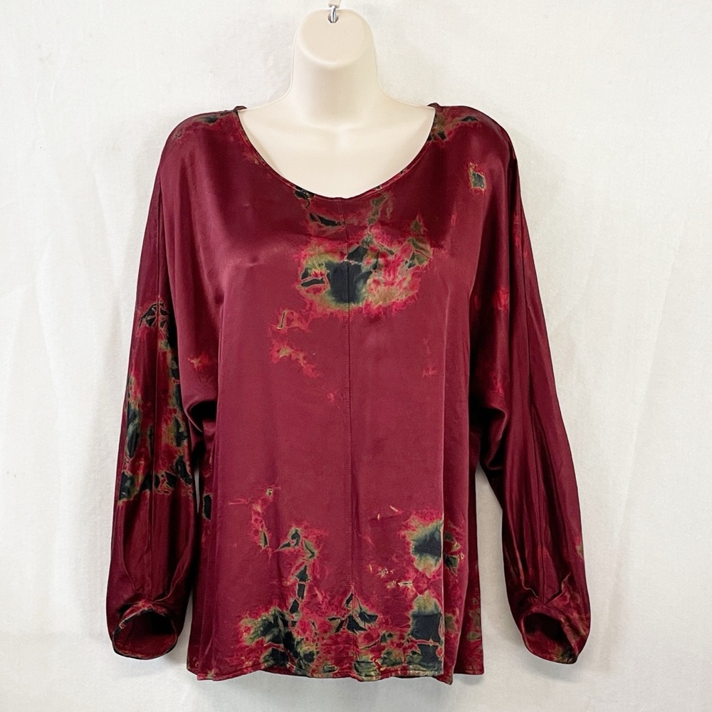 Tina Jo‎ Anthropologie Brand Hand Dyed Tunic Blouse Red Abstract Floral Satin Sm